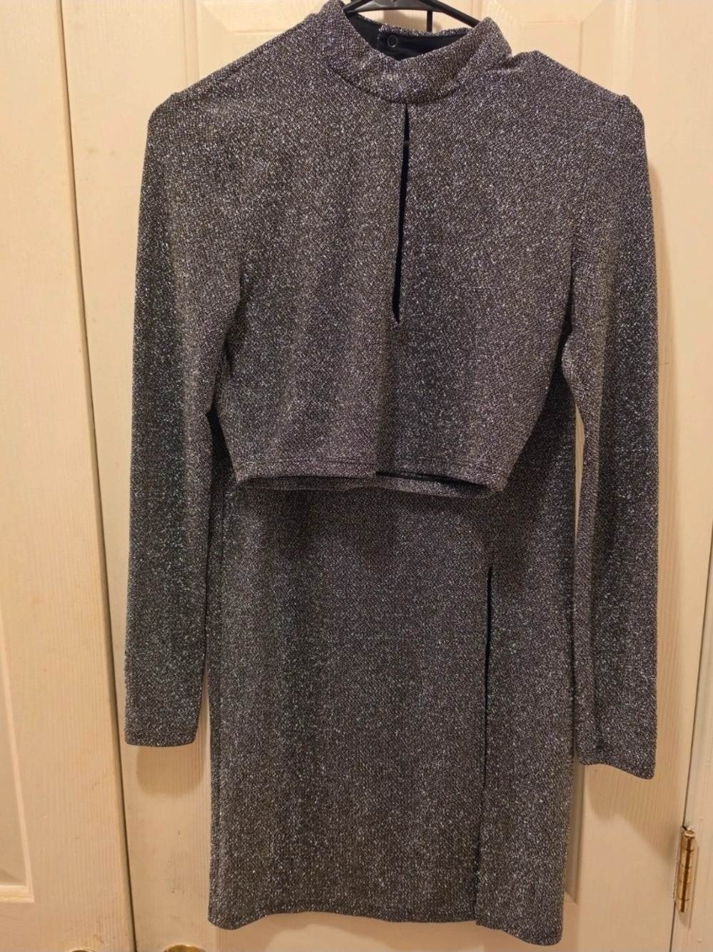 H&M Silver Metallic Long-Sleeve Mock Neck Dress